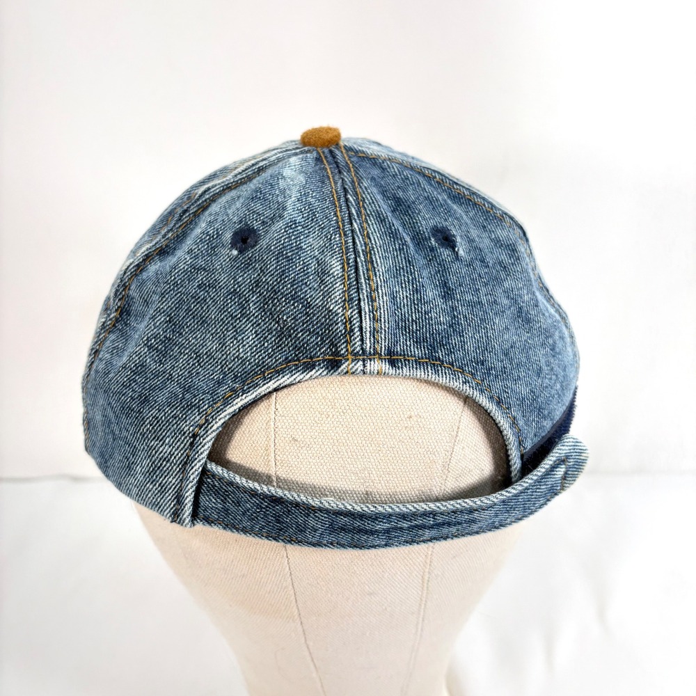 Vintage 90s Vail Colorado Hat Blue Denim Brown Suede Brim Cap Color Block Acid W - Picture 3 of 9
